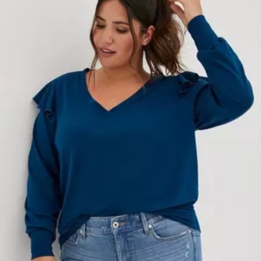 Torrid Lt Weight French Terry V-Neck Ruffle Shoulder Sweatshirt Blue Size 4X
